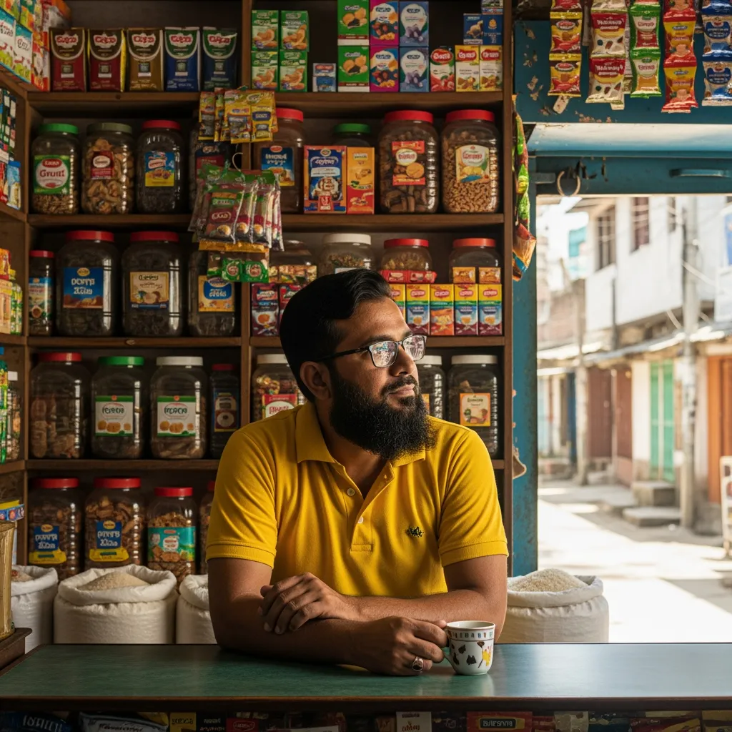 দোকানদার তার দোকানে পণ্যের সাথে